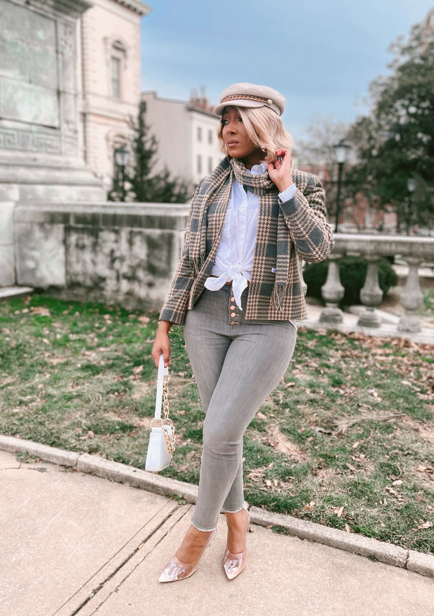 Plaid Blazer and Scarf Set
