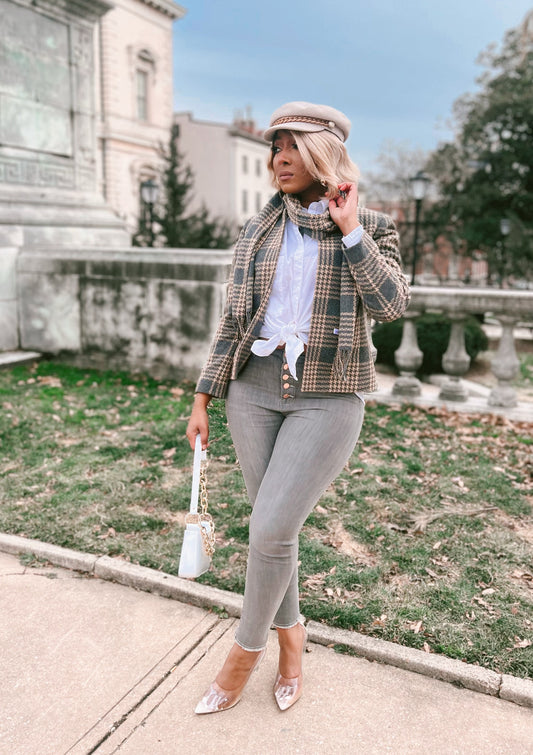 Plaid Blazer and Scarf Set