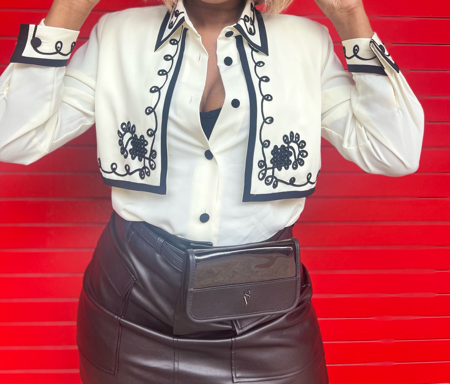 Embroiledred Button Down Cream Blouse