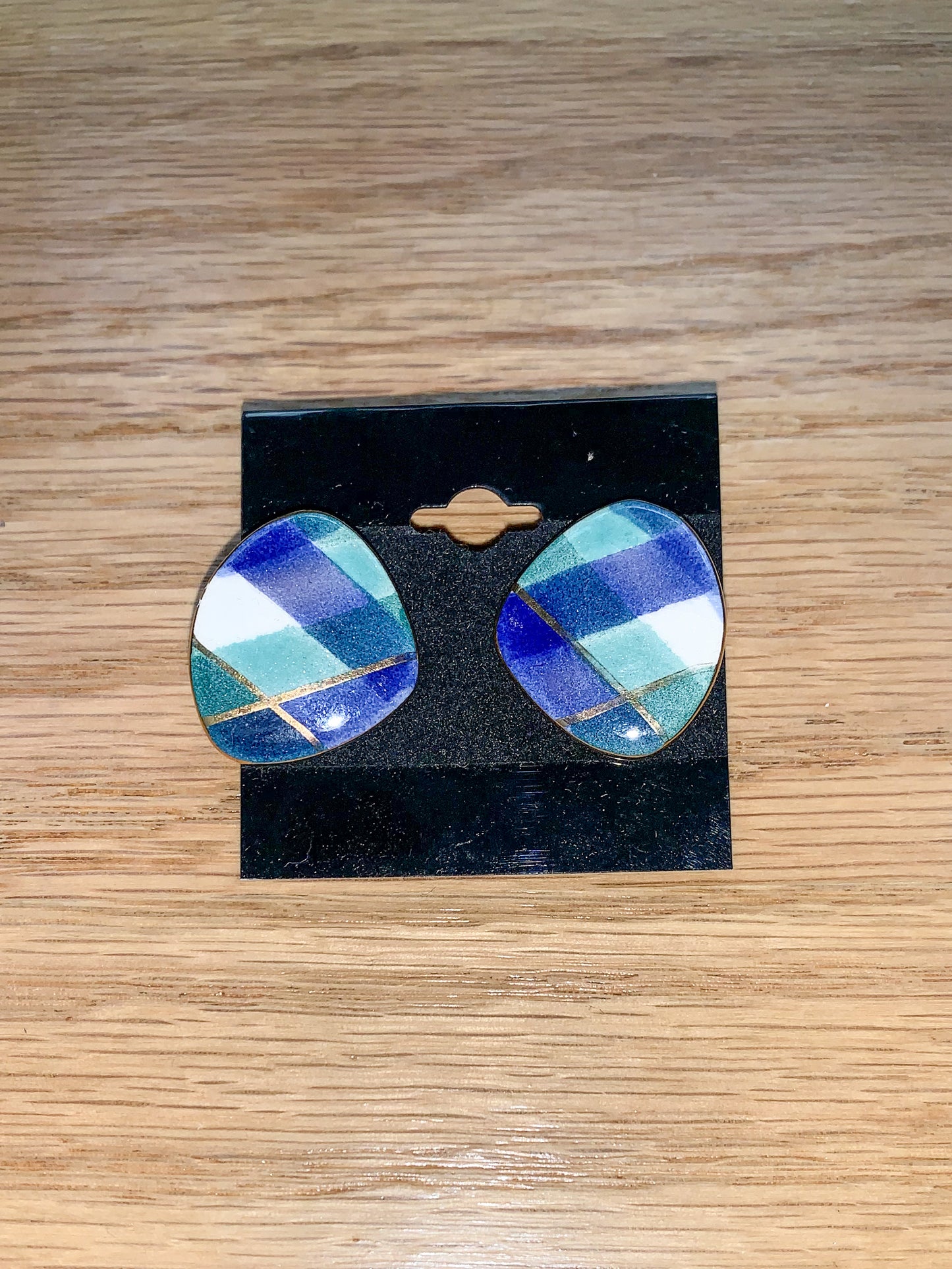 Oblong Plaid Print Stud Earrings