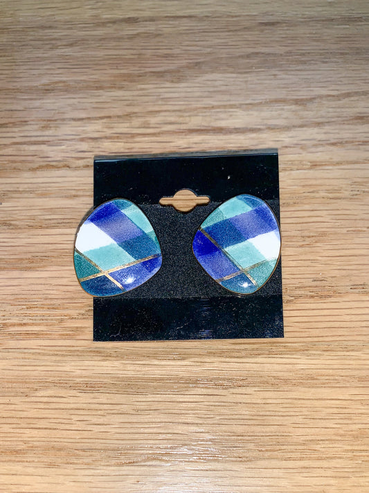 Oblong Plaid Print Stud Earrings